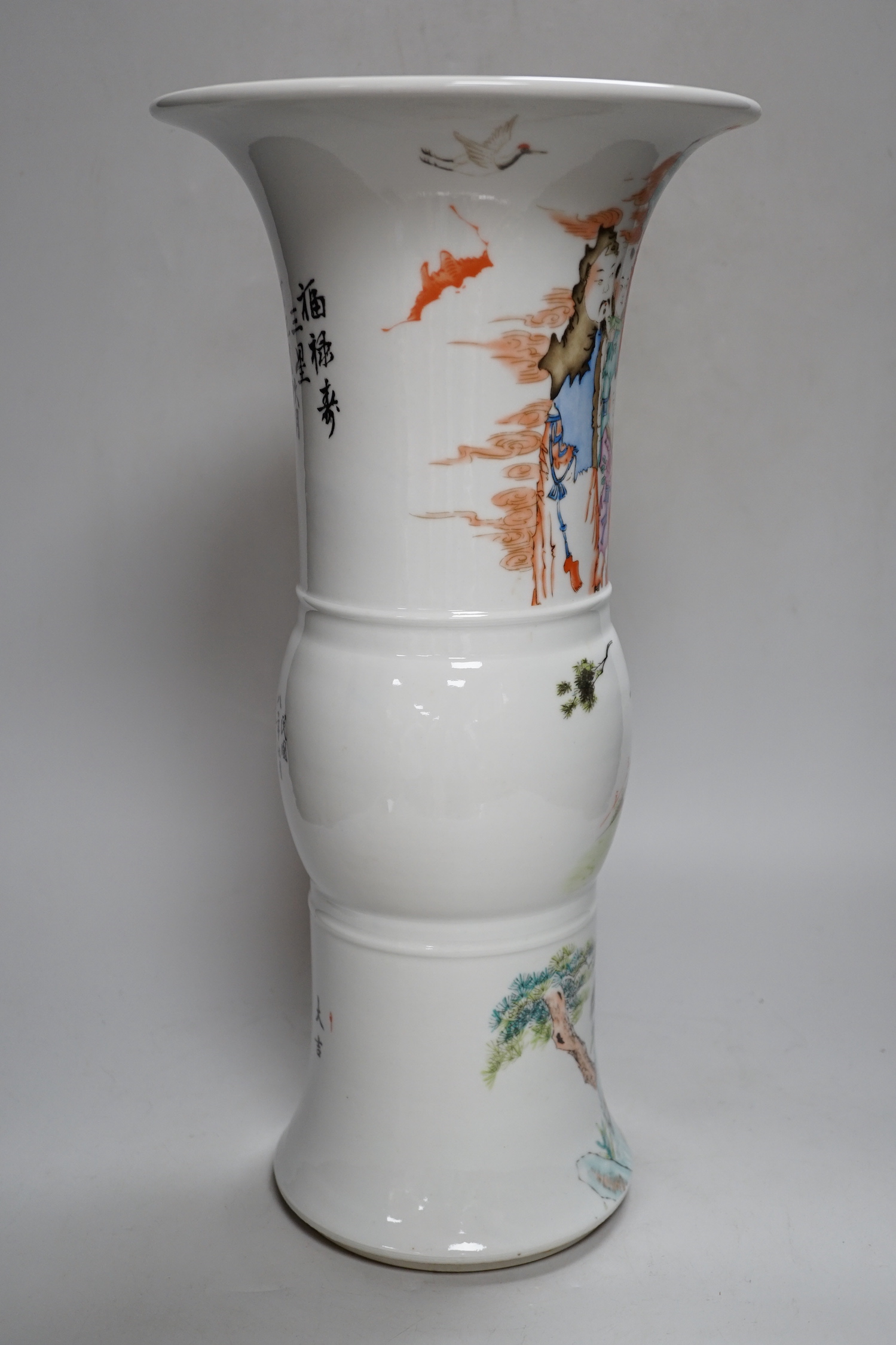 A Chinese enamelled porcelain beaker vase, with inscription on base, 44cm high